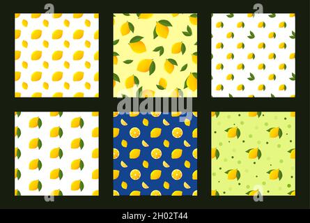 Imposta il motivo senza cuciture con limone giallo fresco e foglia verde. Motivo limone di agrumi Illustrazione Vettoriale