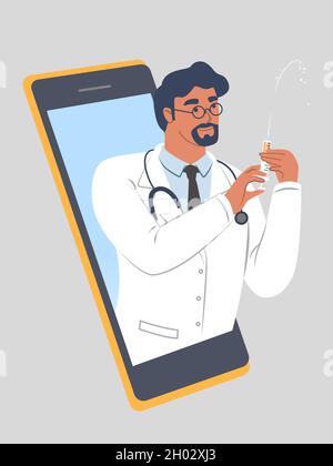 Smartphone con siringa da medico. Medicina online, consultazione virtuale, trattamento, videochiamata, vettore. Illustrazione Vettoriale