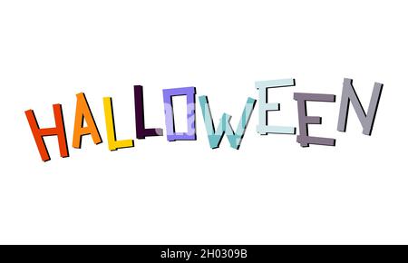 Scritta di Halloween. Iscrizione colorata isolata su sfondo bianco. Banner con elemento luminoso per vacanze autunnali. Poster delle festività il 31 ottobre. Illustrazione Vettoriale