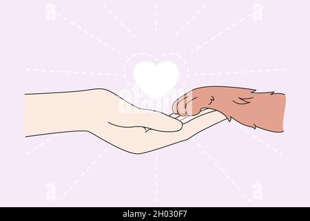 La zampa di cane di presa della mano umana mostra la cura e l'amore per gli animali. Amicizia con la persona e l'animale domestico. Persone che si preoccupano di cuccioli e gatti. Illustrazione vettoriale piatta. Adozione e rifugio, beneficenza, concetto di volontariato. Illustrazione Vettoriale