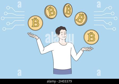 Giovane uomo in possesso di bitcoins d'oro, lavorando on-line sul mercato azionario. Sorridendo monete da miniera maschio, comprare e vendere criptovaluta sul mercato crescente. Crypto investimenti, finanza. Illustrazione vettoriale piatta. Illustrazione Vettoriale