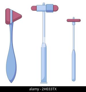 Diversi martelli per il controllo dei riflessi del paziente, il medico fornisce un set di icone in stile piatto. Illustrazione Vettoriale