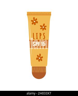 Tubo protezione solare. Crema idratante Sunblock. Crema alle labbra con SPF. Protezione per la pelle dai raggi ultravioletti solari. Cosmetici estivi disegnati a mano. Vettore Illustrazione Vettoriale