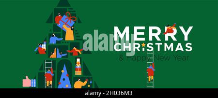 Buon Natale felice anno nuovo web banner illustrazione di diverse persone collegate online all'interno di pino albero. Internet amico concetto di connessione per hol Illustrazione Vettoriale