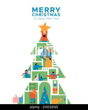 Buon Natale felice anno nuovo biglietto di auguri illustrazione di persone diverse connessi online all'interno di pino albero. Internet concetto di connessione amici per Illustrazione Vettoriale