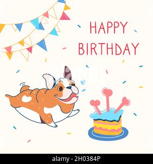 Biglietto di auguri elegante con un bel bulldog. Lettere Buon compleanno. Ghirlande, torta di vacanza con candele in forma di osso. Il vostro cane ha un compleanno. Divertente vettore cartoon con un cane plump Illustrazione Vettoriale