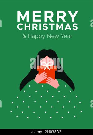 Buon Natale e felice anno nuovo biglietto di auguri illustrazione. Donna che tiene xmas scatola regalo in astratto stile cartoon piatto. Ragazza apertura presente per wi Illustrazione Vettoriale