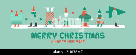 Allegro Natale felice anno nuovo web banner illustrazione di gente divertente gruppo di personaggi in abbigliamento invernale. Cartoon card stile retro scandinavo per h Illustrazione Vettoriale