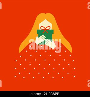 Moderno personaggio donna piatta con regalo di natale in stile cartoon minimalista. Concetto astratto di illustrazione di festa di Natale su sfondo isolato. Illustrazione Vettoriale