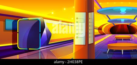 Treno futuristico Cartoon alla stazione della metropolitana. Moderno interno sotterraneo con piattaforma metropolitana vuota. Ferrovia pubblica. Trasporto urbano metropolitano o ferroviario. Illustrazione del vettore di arrivo del trasporto Illustrazione Vettoriale