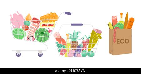 Set di Shopping pieno di cestini alimentari e ECO bag vista frontale isolato su bianco. Illustrazione del vettore Flat Art Illustrazione Vettoriale