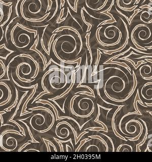 Modello vettoriale senza giunture beige stock di spirali e angoli su sfondo marrone.Beige modello vettoriale geometrico senza giunture di spirali lisce e. Illustrazione Vettoriale