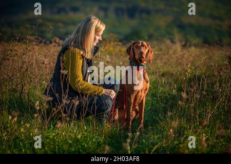 Donna matura che cammina la sua bella vizsla ungherese. Cane a piedi sfondo. Donna e cane da caccia godersi la natura a piedi in una soleggiata serata autunnale. Foto Stock