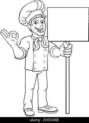 Chef Cook Baker Man Cartoon Holding Segno Illustrazione Vettoriale