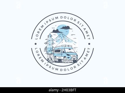 Disegno di linea campervan con disegno di testo lorem ipsum Illustrazione Vettoriale