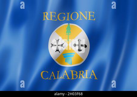 Bandiera della regione Calabria, collezione di banner ondulati in Italia. Illustrazione 3D Foto Stock