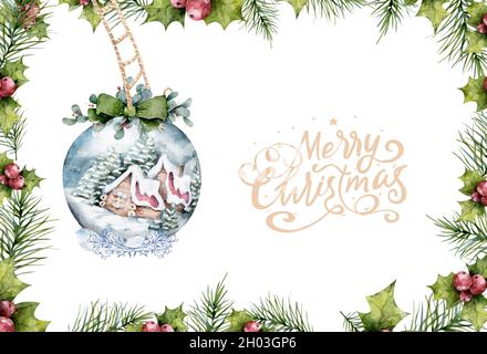 Banner decorazione natalizia - coni di pino su ramo abete con luci natalizie e scritte Buon Natale. Illustrazione acquerello Foto Stock