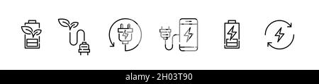 Icone lineari di energia verdi. Fonti di alimentazione rinnovabili, simboli delle batterie ecocompatibili. Pixel Perfect, tratto modificabile Illustrazione Vettoriale