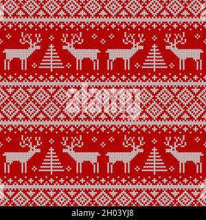 Lavorato a maglia senza cuciture con cervi e alberi. Fondo maglione rosso e bianco per il design di Natale, Capodanno o inverno. Ornamento vettoriale scandinavo Illustrazione Vettoriale