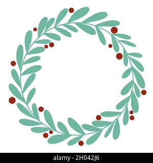 Corona decidua di Natale decorativa con illustrazione vettoriale di bacche rosse. Cornice circolare in ramoscelli e bacche. Cerchio rotondo per le congratulazioni o. Illustrazione Vettoriale