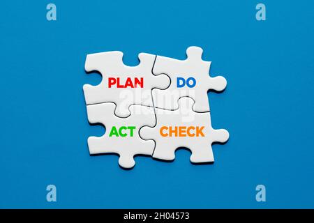 Ciclo PDCA con pezzi di puzzle. Pianificare il concetto di strategia aziendale ACT check. Foto Stock