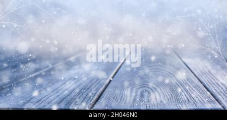 Vista invernale con rami bianchi e spazio di copia. Pannello di legno innevato. Foto Stock