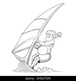 Happy Australia Santa Clauson windsurf su un mare grande onda, illustrazione vettoriale. Illustrazione Vettoriale