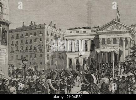 Storia della Spagna. Madrid. Apertura dei tribunali spagnoli il 15 febbraio 1878. Arrivo del Re e della Regina al Palazzo dei tribunali. Disegno dalla vita di Ferrant. Incisione. La Ilustración Española y americana, 1878. Foto Stock