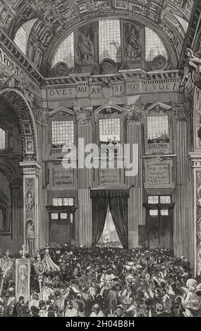 Papa Leone XIII (1810-1903). papa Italiano (1878-1903). Nato Vincenzo Gioacchino Pecci. Papa Leone XIII che dà la sua prima benedizione ai fedeli dal balcone interno della Basilica di San Pietro il 20 febbraio 1878. Disegno di A. Ferrant. Incisione di Rico. La Ilustración Española y americana, 1878. Foto Stock