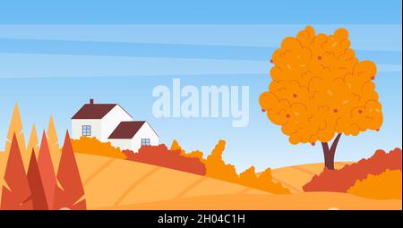 Autunno casa colonica e giardino albero, scena rurale vettore illustrazione. Cartoon semplice fattoria edificio, villaggio casa cottage con camino, frutteto autunno sulle colline, semplice quartiere sfondo scenario Illustrazione Vettoriale