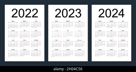 Griglia calendario per 2022, 2023 e 2024 anni. Semplice modello verticale in lingua russa. La settimana inizia dal lunedì. Illustrazione del vettore isolato su wh Illustrazione Vettoriale
