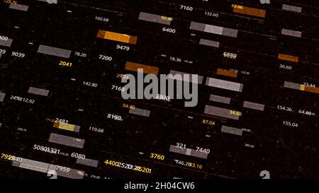 Piccoli blocchi di dati e numeri che scorrono su uno sfondo scuro, loop senza interruzioni. Animazione. Visualizzazione del trasferimento dei dati Foto Stock