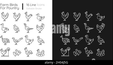 Uccelli da fattoria per pollame icone lineari impostato per la modalità buio e luce Illustrazione Vettoriale