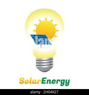 Logo energia solare. Concetto di energia verde. Lampadina con pannello solare all'interno del simbolo di design piatto. Disegno vettoriale e di illustrazione. Illustrazione Vettoriale