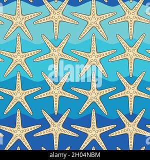 Motivo colore senza cuciture con stelle marine sullo sfondo delle onde del mare. Sfondo vettoriale estivo. Illustrazione Vettoriale