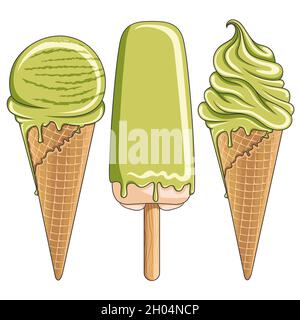 Set di illustrazioni a colori con gustoso gelato al pistacchio. Oggetti vettoriali isolati su sfondo bianco. Illustrazione Vettoriale