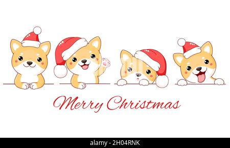 Set di Natale di carino shiba inu cane. Confina con il cucciolo kawaii shiba inu in cappelli di Santa. Xmas raccolta di cani con emozione diversa - divertente, felice, Illustrazione Vettoriale