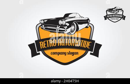 Illustrazione del logo retro Automotive Vector. Questo logo può essere utilizzato per negozi di auto d'epoca o classiche, riparazioni, restauri. Illustrazione Vettoriale