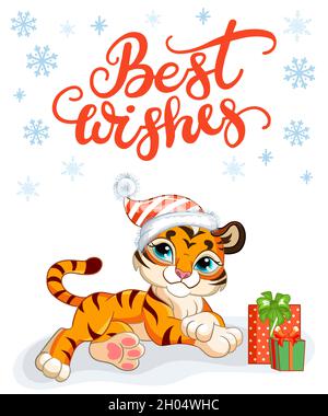 Carta verticale di natale con carino tigre in cappello di natale, regali, fiocchi di neve e lettere su sfondo bianco. Illustrazione vettoriale. Per la festa Illustrazione Vettoriale