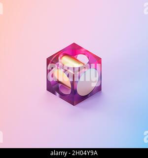 Cubo di vetro futuristico astratto con cilindro dorato su sfondo sfumato, rendering 3d minimo Foto Stock