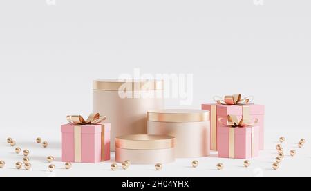 Podi o piedistallo d'oro per prodotti o pubblicità con scatole regalo, rendering 3d Foto Stock