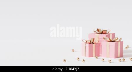 Scatole regalo rosa con nastro dorato su sfondo bianco, rendering 3d Foto Stock
