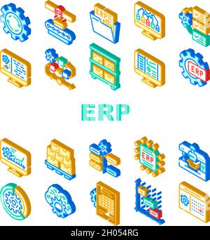 Le icone di pianificazione delle risorse aziendali ERP impostano il vettore Illustrazione Vettoriale