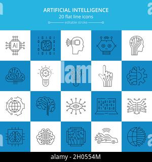 Icona della linea di apprendimento automatico e intelligenza artificiale Illustrazione Vettoriale