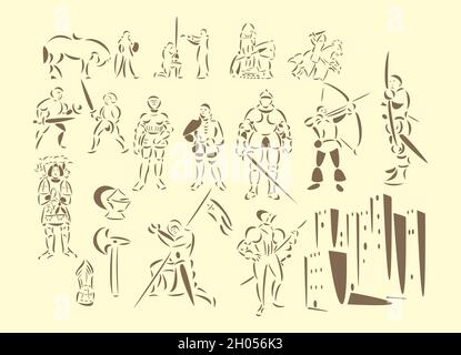 Illustrazioni vettoriali line-art di cavalieri medievali Illustrazione Vettoriale