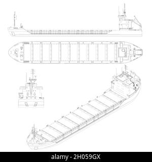 Impostare con i contorni di una nave da carico per i contenitori da linee nere isolate su sfondo bianco. Vista laterale, superiore, anteriore, isometrica. Vettore illustraz Illustrazione Vettoriale