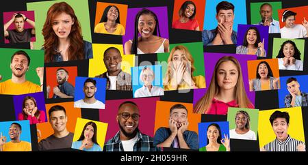 Ridendo, pensivo, sorpreso e calmo internazionale persone guardare la macchina fotografica, isolato su sfondi colorati. Diverse emozioni di diversi umani, porto Foto Stock