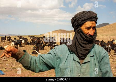 Ritratto di un pastore marocchino e della sua mandria di capre Foto Stock