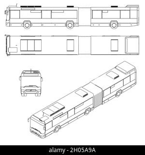 Impostare con i contorni di un lungo bus da linee nere isolate su sfondo bianco. Vista isometrica anteriore, laterale, superiore. Illustrazione vettoriale. Illustrazione Vettoriale