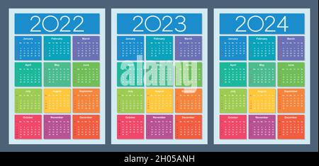 Calendario colorato per 2022, 2023 e 2024 anni. La settimana inizia la domenica. Modello di progettazione calendario verticale. Griglia di base. Illustrazione vettoriale isolata. Illustrazione Vettoriale